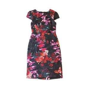 Betsey Johnson Floral Cap Sleeve Sheath Dress Sz 4 Black Red Roses Knee Length